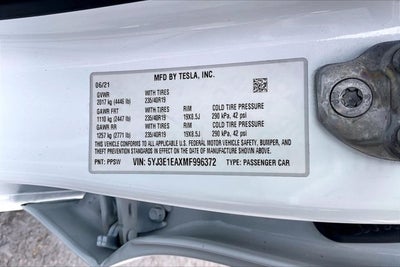 2021 Tesla Model 3 Standard Range Plus Rear-Wheel Drive